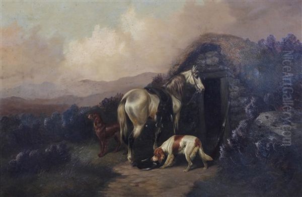 Hunting Pony And Dogs By A Bothy On The Moor Oil Painting by Colin Graeme