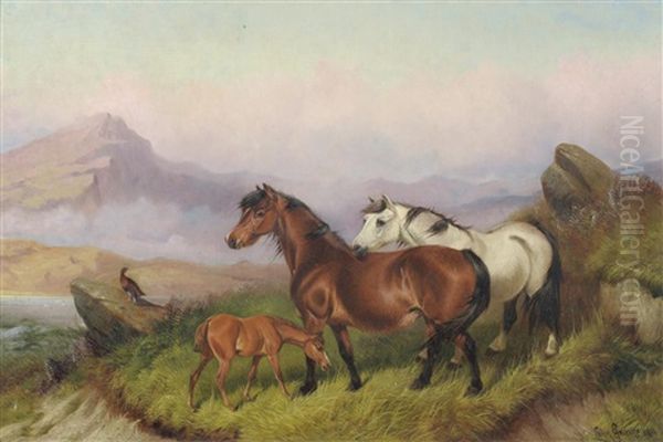 Ponies And A Foal In A Moorland Landscape Oil Painting by Colin Graeme