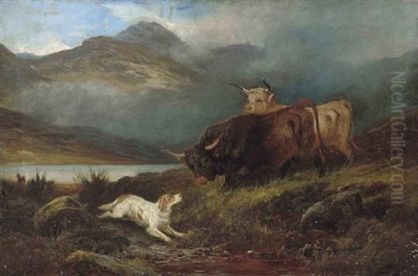 Highland Cattle And A Spaniel Beside A Loch Oil Painting by Colin Graeme