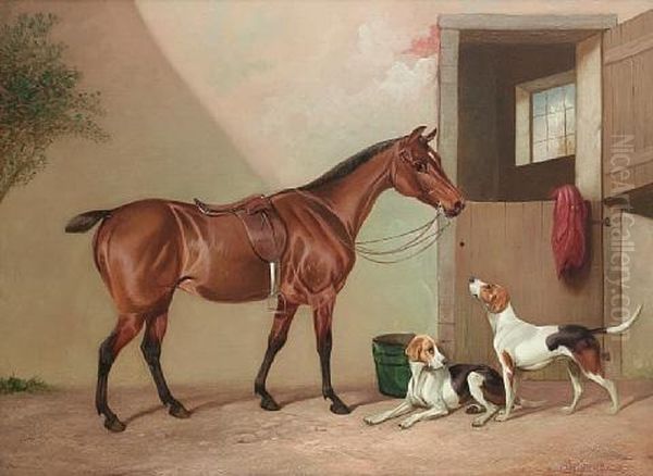 A Hunter Before A Stable With Two Foxhounds Oil Painting by Colin Graeme