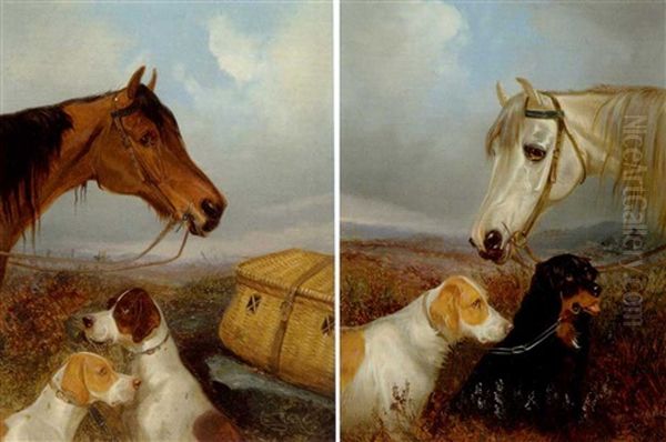 A Head Study Of A Grey Game Pony (+ A Head Study Of A Bay Game Pony With Pointers And A Game Basket; Pair) Oil Painting by Colin Graeme