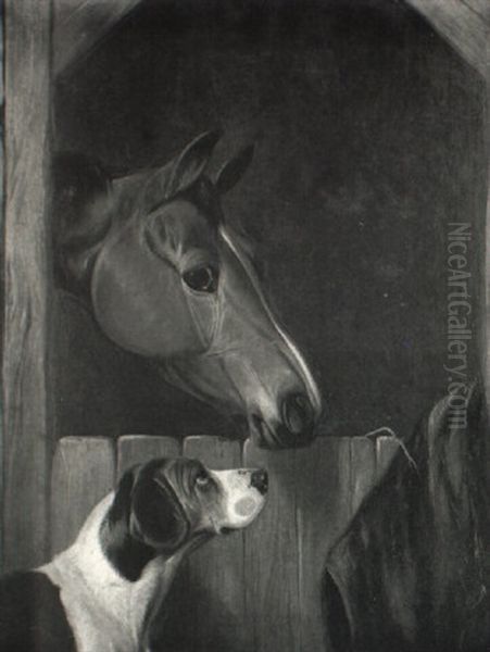 Chestnut Hunter And Fox Hound By A Stable Door Oil Painting by Colin Graeme