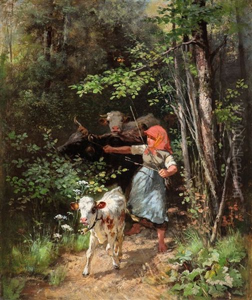 Die Kuhhirtin Oil Painting by Theodor Graetz