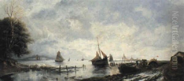 A Coastal Landscape With Fishing Boats Oil Painting by Franz Joseph Adolph Graf