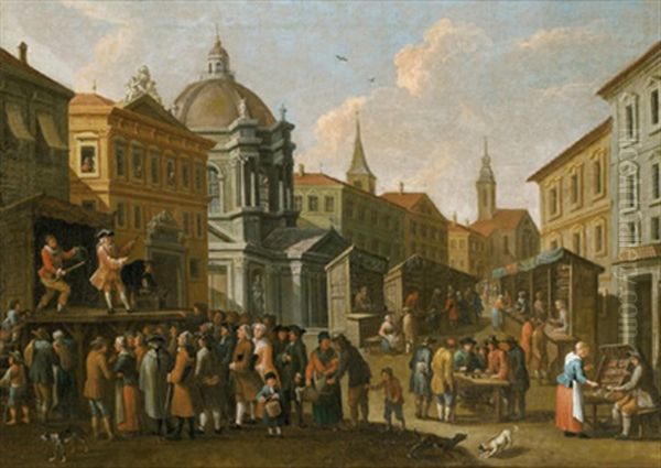 Capriccio-ansicht Vom Graben In Wien Mit Der Peterskirche, Einer Commedia Dell'arte-vorfuhrung, Marktstanden Und Vielen Figuren Oil Painting by Johann (Hans) Graf