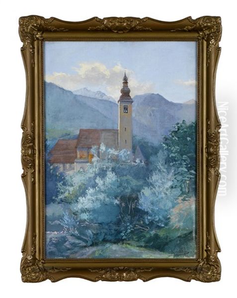 Dorfkirche Mit Zwiebelturm, Im Hintergrund Ein Bergmassiv Oil Painting by Karl Graf