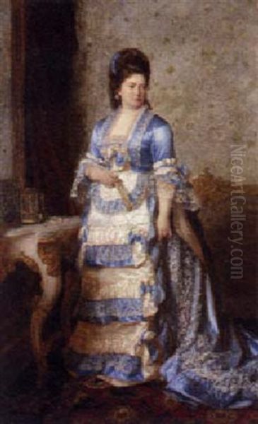 Portrait Of A Lady Wearing A Turquoise And White Ball Dress Oil Painting by Ludwig Graf