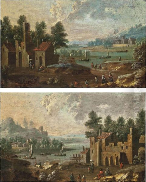 A Wooded River Landscape With Peasants On A Track And Fishing Vessels, Ruins Beyond; And A Wooded River Landscape With Peasants Before A Fortified City, Fishing Vessels, And A Village Beyond Oil Painting by Marc Baets