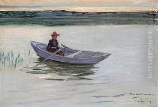 Woman In A Rowing Boat At Sunset Oil Painting by Paul Edmund Graf