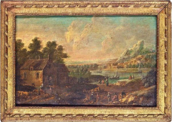 An Extensive River Landscape With Figures Resting On A Track Oil Painting by Marc Baets