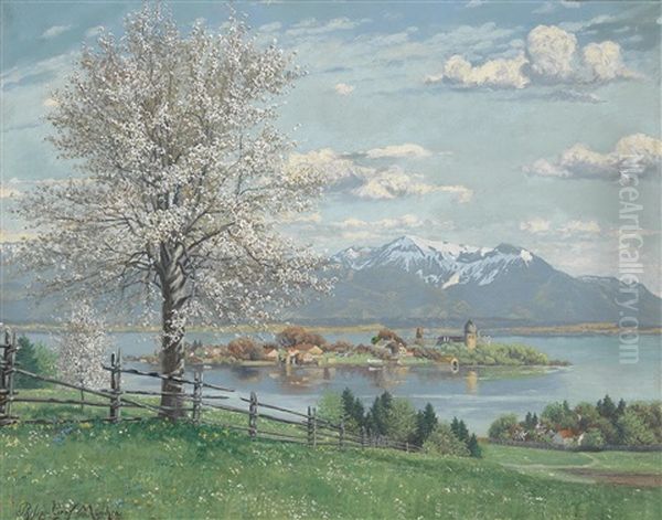 Apfelbaumblute Vor Fraueninsel Im Chiemsee Von Philipp Graf Sen. Munchen Oil Painting by Philipp Graf