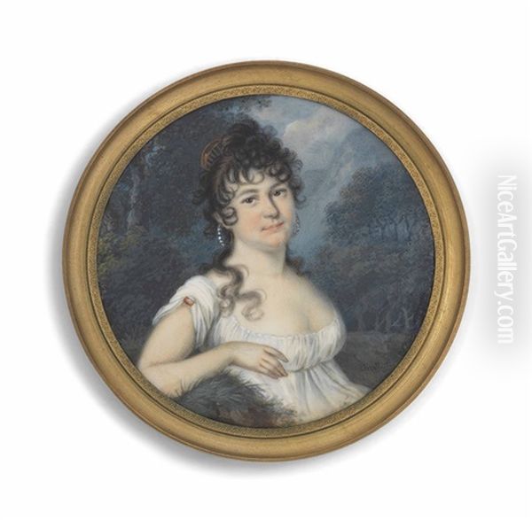 A Young Lady, Seated In A Woodland, In White Dress With Jewel At Her Sleeve, Tortoiseshell Comb In Her Dark Curling Hair Oil Painting by Anton Graff