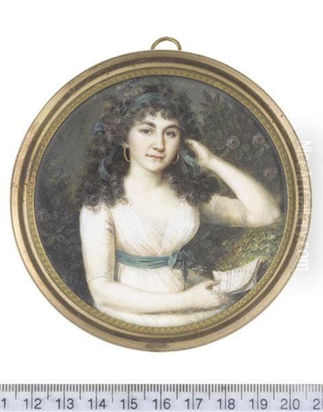 A Lady, Seated In A Garden, Wearing White Dress, Dark Green Sash With Silver Tassels And Tied In A Ribbon Bow At Her Side, Gold Hooped Earrings Oil Painting by Anton Graff