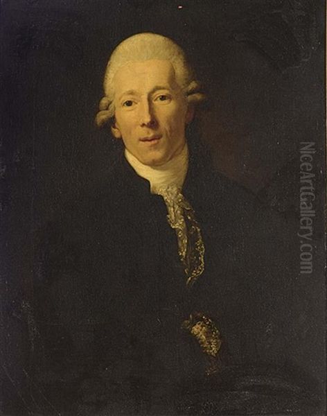 A Portrait Of A Gentleman (jacob Thomas Gaudlitz?), Wearing A Black Coat With A White Lace Scarf Oil Painting by Anton Graff