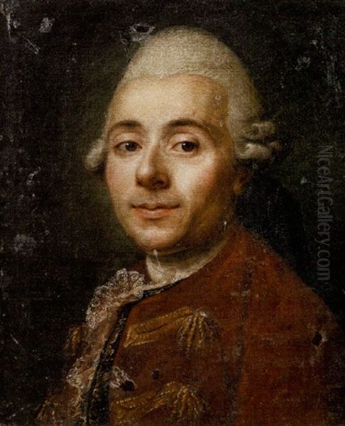 Portrait Of A Gentleman In A White Lace Cravat, A Red Tunic And Blue Waistcoat Embroidered With Gold Oil Painting by Anton Graff