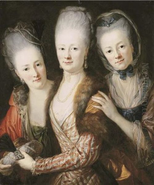 Group Portrait Of The Daughters Of Johann Julius Von Vieth Und Glossenau: Juliane Corline, Sophie Juliane Elisabeth And Juliane Charlotte, In Lace Lined Dresses Oil Painting by Anton Graff