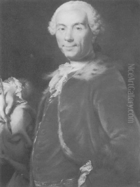 Portrait Of An Artist, Wearing A Red Velvet Waistcoat And Coat Trimmed With Fur, His Right Hand Resting On A Classical Bust Oil Painting by Anton Graff