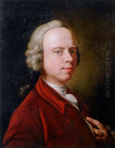 Portrait Of A Nobleman With Red Costume, Lace Chemise And Wig Oil Painting by Anton Graff