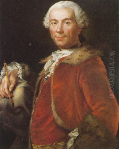 Portrait Of An Artist Wearing A Red Velvet Waistcoat And Coat Trimmed With Fur, His Right Hand Holding A Crayon Oil Painting by Anton Graff