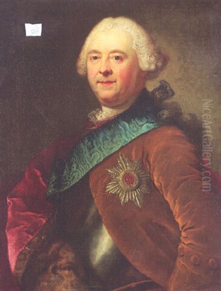 Portrait Of Moritz Carl, Graf Zu Lynar, In A Breastplate And A Brown Coat, With A Blue Sash And The Star Of An Order Oil Painting by Anton Graff