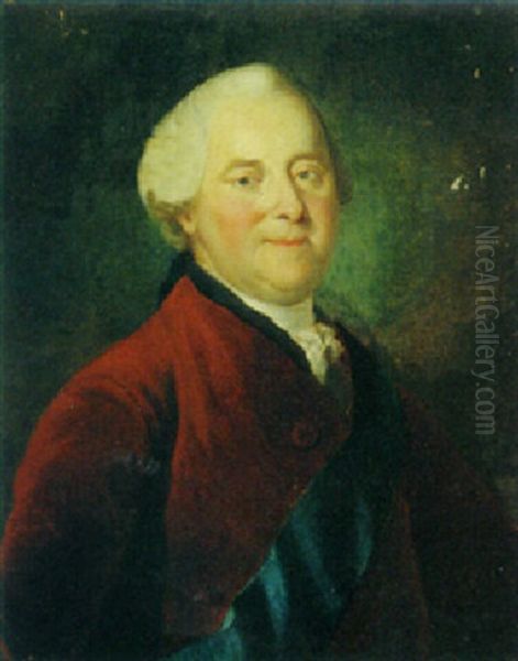 Portrait Of A Gentleman Wearing A Red Coat And A Blue Order Sash Oil Painting by Anton Graff