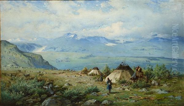 Lapplandskt Landskap Med Kator Oil Painting by Olaf Jonas Grafstrom