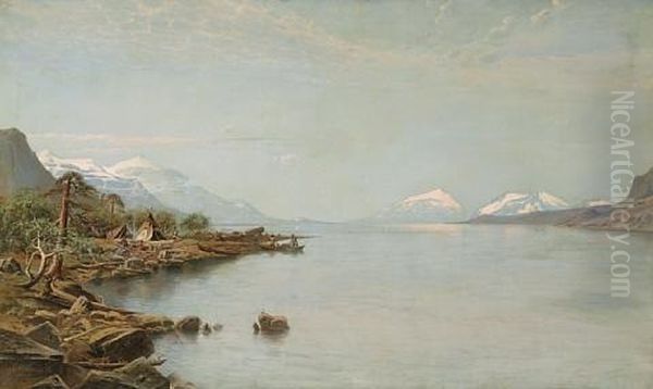 Indian Camp With Figures In A Boat On A Lakeshore Oil Painting by Olaf Jonas Grafstrom