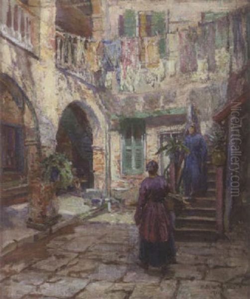 Wash Day, The Old French Court Yard, New Orleans Oil Painting by Robert Wadsworth Grafton