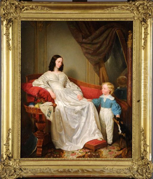 Mere Et Enfant Dans Un Interieur Oil Painting by Alexis Bafcop