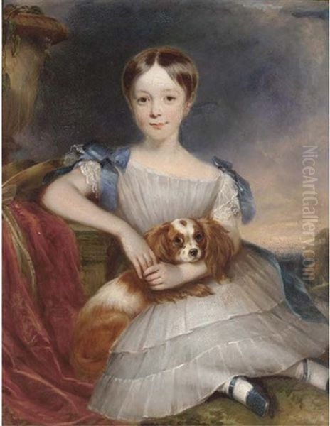 Portrait Of A Boy (sir John Pitfield Bt.?), Seated Full-length, In A White Dress With Blue Ribbons, A Toy Spaniel On His Lap, A Landscape Beyond Oil Painting by John (Gilbert) Graham