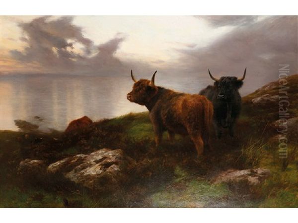 Highland Cattle In An Extensive Evening Moorland And Seascape Oil Painting by Peter Graham