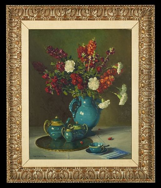 Still Life Of Red And White Flowers In A Teal Pitcher by Robert Alexander Graham