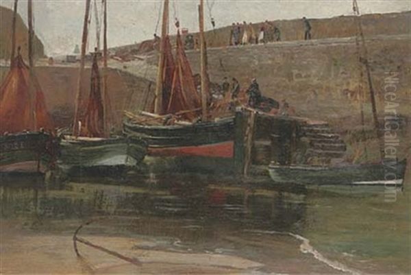 Fishing Boats In Harbour - Low Tide Oil Painting by James Barclay Grahame