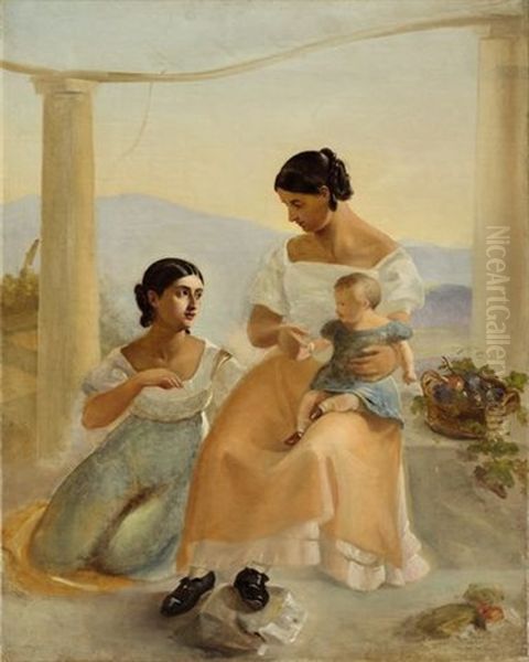 Two Italian Women With A Child Oil Painting by August Grahl