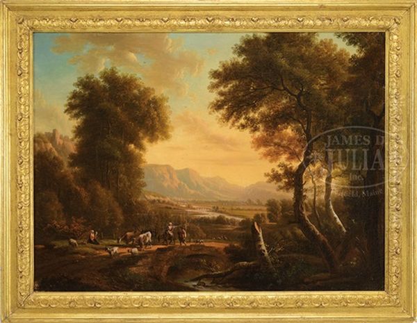 Paysage Montagneux A La Riviere Avec Une Bergere Et Son Troupeau Oil Painting by Victor de Grailly