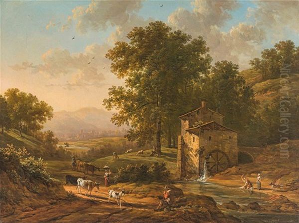 Hirten Und Wascherinnen Vor Einer Muhle In Einer Landschaft Oil Painting by Victor de Grailly