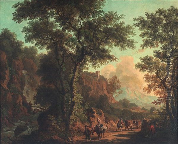 Landschaft Mit Wasserfall, Wanderndem Bauern U. Kl. Burg Auf Dem Berg Oil Painting by Victor de Grailly