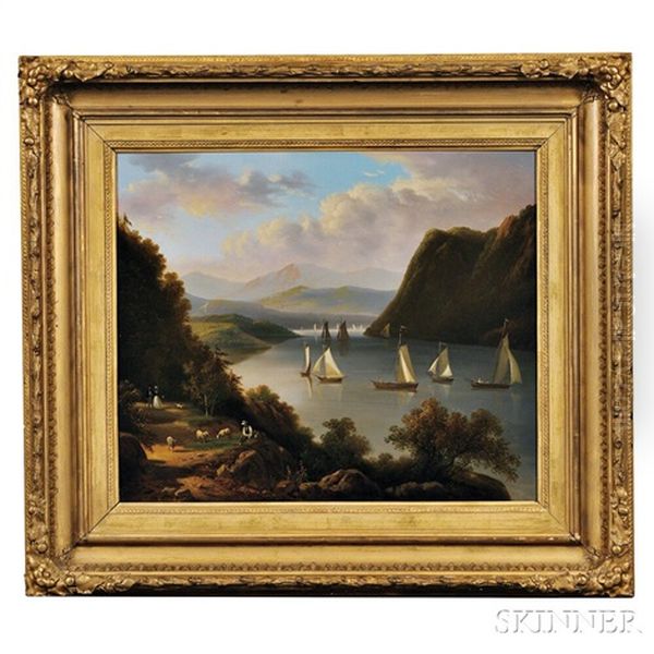 Sailboats On The Hudson River Oil Painting by Victor de Grailly