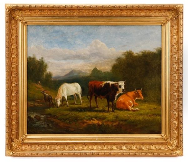 Pastoral Landscape With Cattle, Goat And Horse Oil Painting by Victor de Grailly