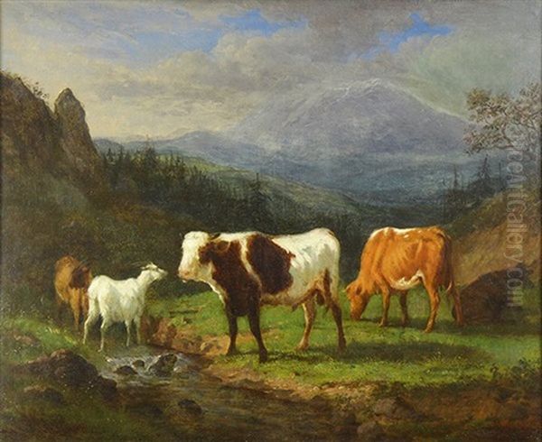 Cattle And Goats By A Stream Oil Painting by Victor de Grailly