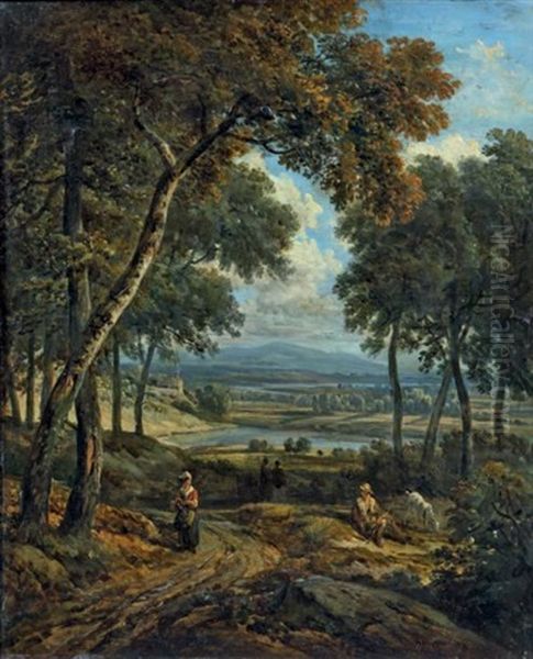 Paysage En Sous-bois Anime D'un Berger Et D'une Paysanne Oil Painting by Victor de Grailly