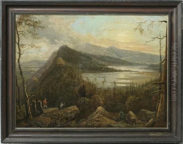 The Hudson River With A View Of The Catskill Mountain House Oil Painting by Victor de Grailly