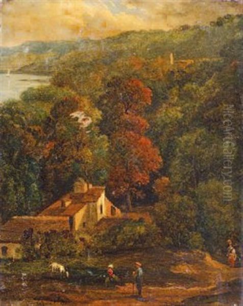 Ferme Et Campagnards Au Milieu D'un Sous-bois, Pres D'un Fleuve Oil Painting by Victor de Grailly