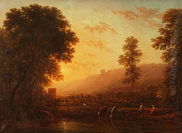 Kuhe An Der Tranke Bei Abendstimmung Oil Painting by Victor de Grailly