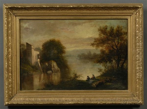 Lake George View With Figures And Buildings Oil Painting by Victor de Grailly