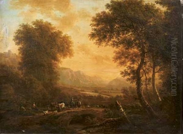 Paysage Montagneux A La Riviere Avec Une Bergere Et Son Troupeau Oil Painting by Victor de Grailly