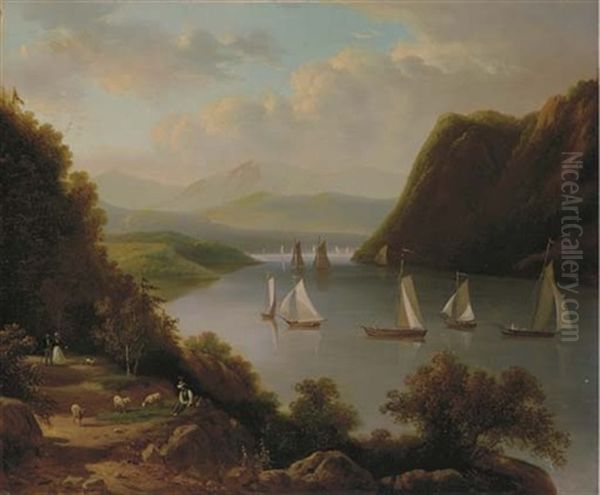 Sailboats On The River Oil Painting by Victor de Grailly