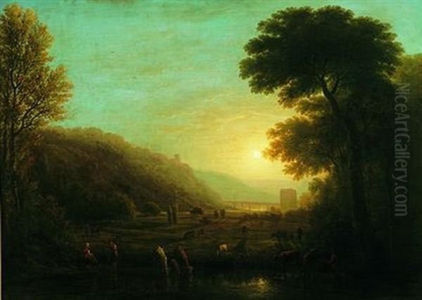 Scene Pastorale Au Coucher De Soleil Oil Painting by Victor de Grailly