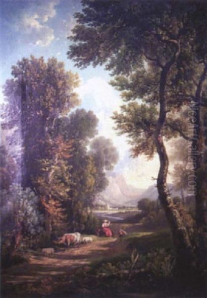 Landscape With Figures And Farm Animals On A Tree-lined Road, Buildings And Mountains In The Distance Oil Painting by Victor de Grailly