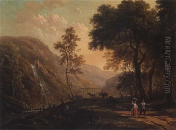 A Romantic Landscape With Figures And Cattle On A Path And A Waterfall Beyond Oil Painting by Victor de Grailly